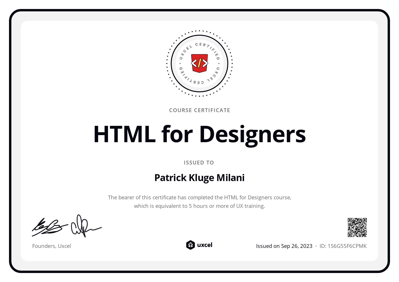 Patrick Kluge Milani's certificate